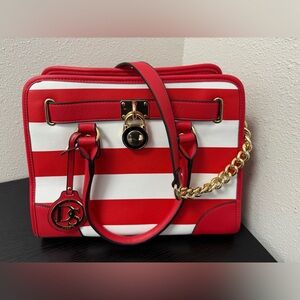 Red and White Striped Satchel with Gold Accents